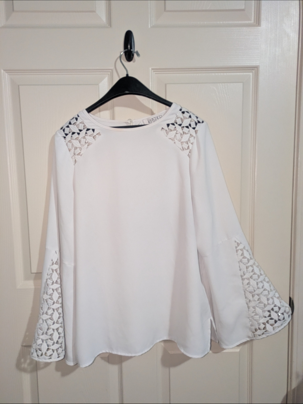 Kasper Lace-Trim White Bell Sleeve Blouse